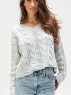 NWT Free People Pale Blue Cable V-Neck Pullover size xs